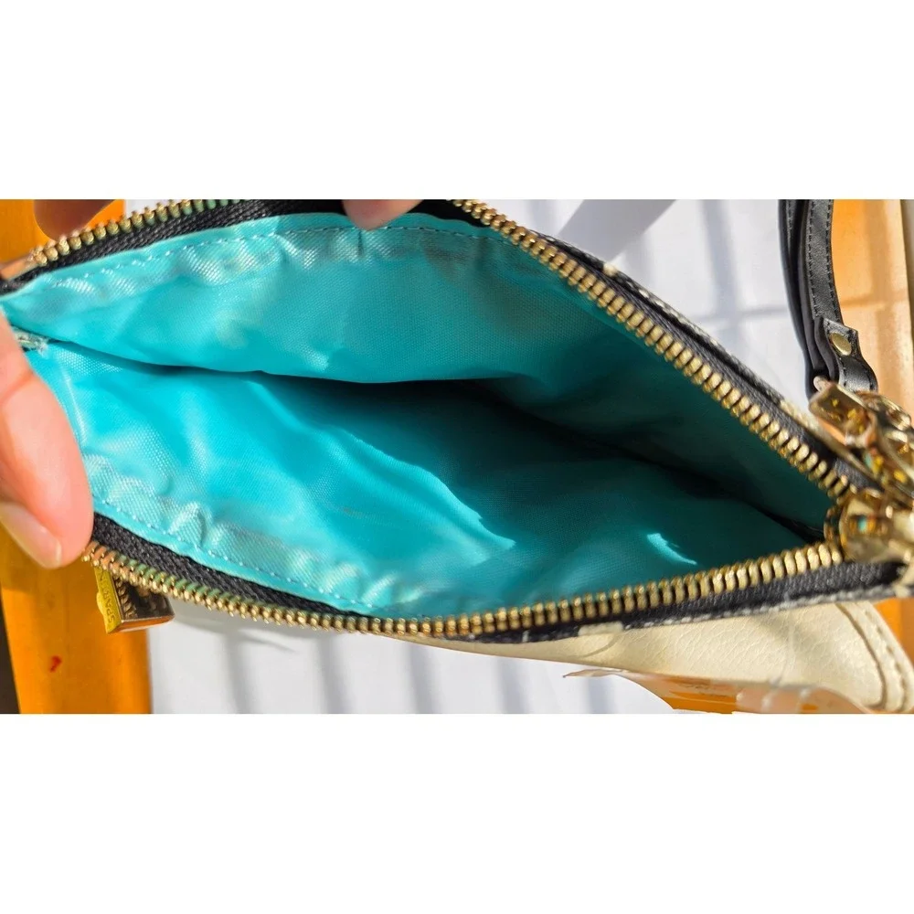 Spartina 449 Floral Wristlet Wallet Black Cream Linen Leather Turquoise Interior